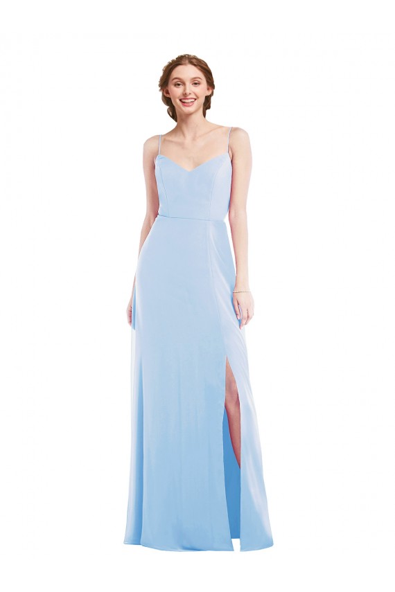 Bleu ciel clair Trapèze Bretelles spaghetti Col V Mousseline Longue Formelles Robes demoiselle d'honneur / Robes de soirée à Bas Prix
