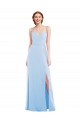 Bleu ciel clair Trapèze Bretelles spaghetti Col V Mousseline Longue Formelles Robes demoiselle d'honneur / Robes de soirée à Bas Prix