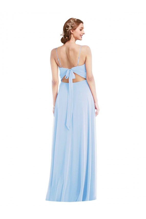 Bleu ciel clair Trapèze Bretelles spaghetti Col V Mousseline Longue Formelles Robes demoiselle d'honneur / Robes de soirée à Bas Prix