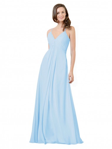 Bleu ciel clair Trapèze Bretelles spaghetti Col V Mousseline Longue Robes demoiselle d'honneur à Bas Prix