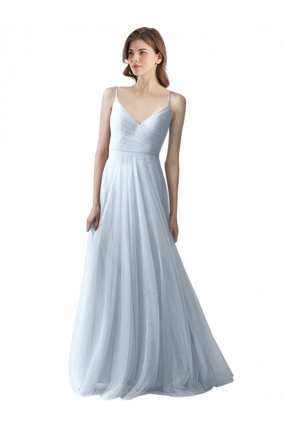 Bleu ciel clair Trapèze Bretelles spaghetti Col V Tulle Longue Robes demoiselle d'honneur à Bas Prix