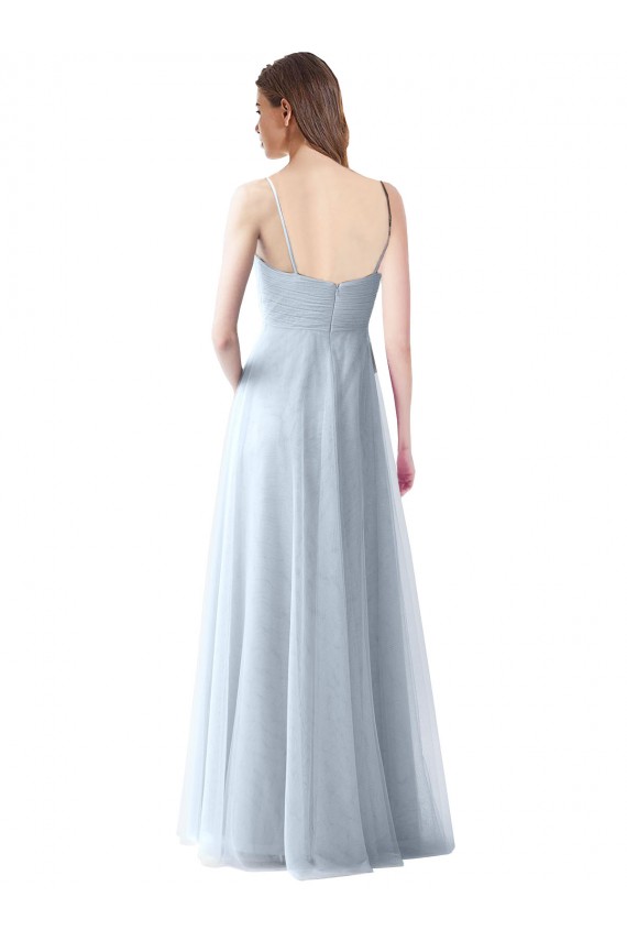 Bleu ciel clair Trapèze Bretelles spaghetti Col V Tulle Longue Robes demoiselle d'honneur à Bas Prix