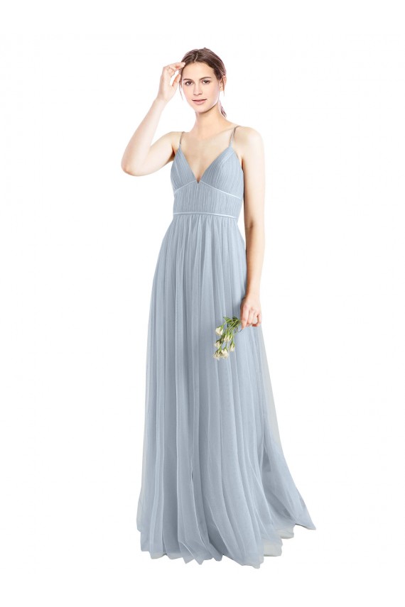 Bleu ciel clair Trapèze Bretelles spaghetti Col V Tulle Longue Robes demoiselle d'honneur à Bas Prix