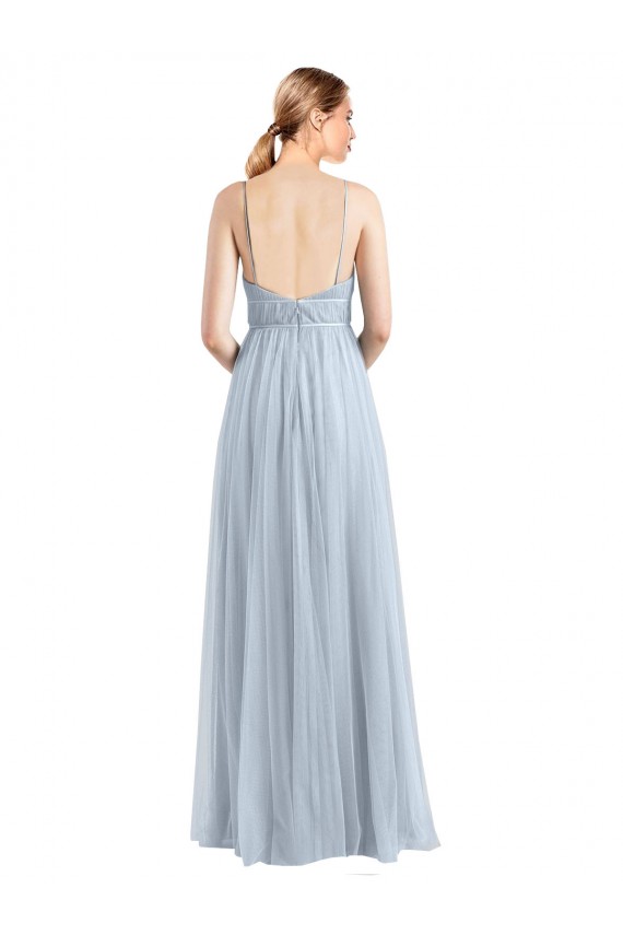 Bleu ciel clair Trapèze Bretelles spaghetti Col V Tulle Longue Robes demoiselle d'honneur à Bas Prix
