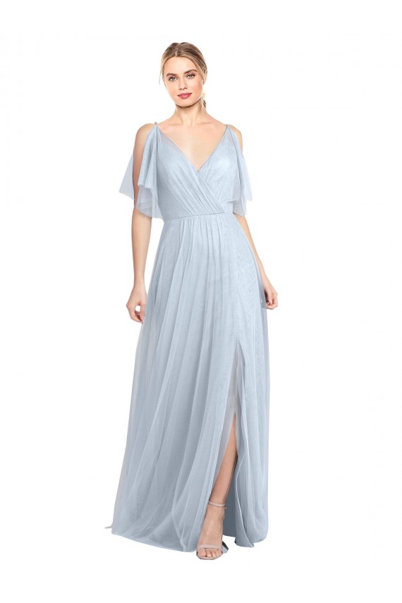 Bleu ciel clair Trapèze Bretelles spaghetti Col V Tulle Longue Robes demoiselle d'honneur à Bas Prix