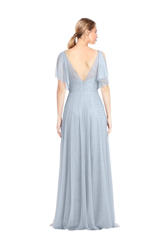 Bleu ciel clair Trapèze Bretelles spaghetti Col V Tulle Longue Robes demoiselle d'honneur à Bas Prix