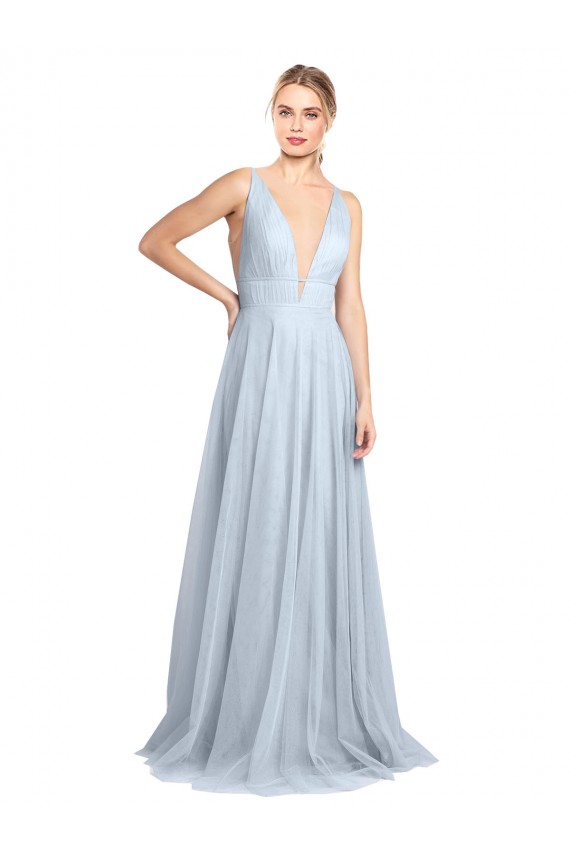 Bleu ciel clair Trapèze Bretelles spaghetti Col V Tulle Longue Robes demoiselle d'honneur à Bas Prix