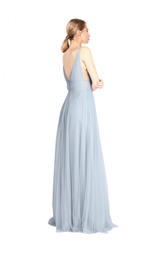 Bleu ciel clair Trapèze Bretelles spaghetti Col V Tulle Longue Robes demoiselle d'honneur à Bas Prix