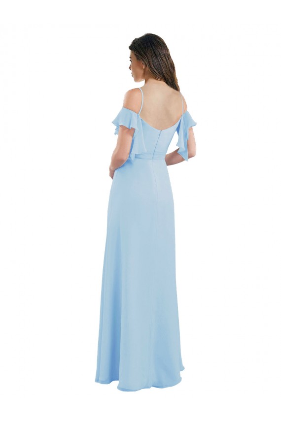Bleu ciel clair Trapèze Bretelles spaghetti Mousseline Longue Robes demoiselle d'honneur à Bas Prix