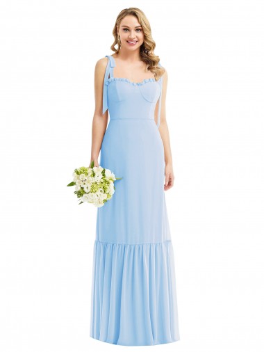 Bleu ciel clair Trapèze Bretelles spaghetti Mousseline Longue Robes demoiselle d'honneur à Bas Prix