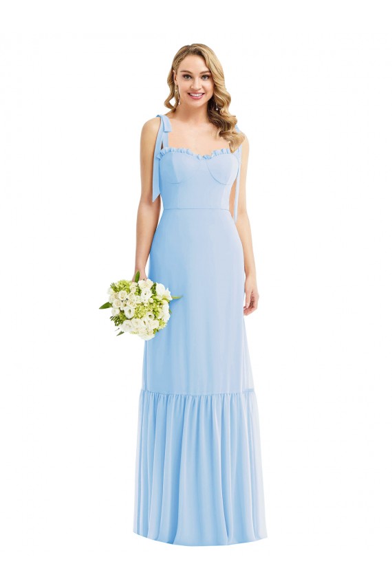 Bleu ciel clair Trapèze Bretelles spaghetti Mousseline Longue Robes demoiselle d'honneur à Bas Prix