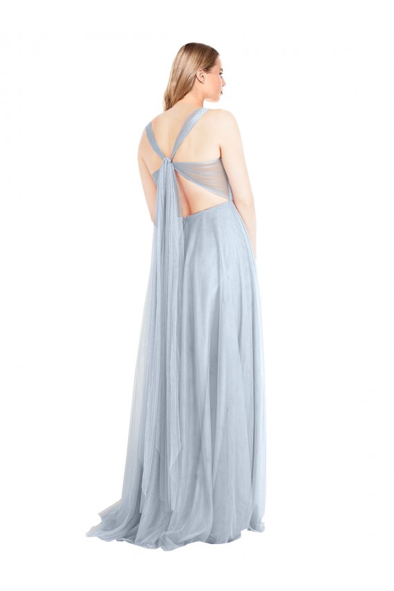 Bleu ciel clair Trapèze Bretelles spaghetti Tulle Longue Robes demoiselle d'honneur à Bas Prix
