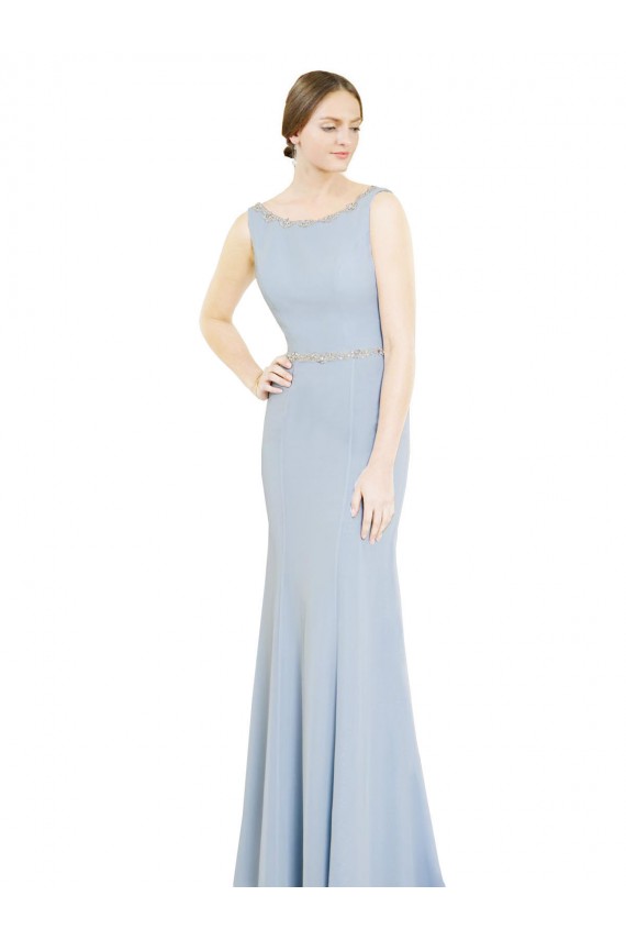 Bleu ciel clair Trapèze Col Bateau Col Haut Mousseline Longue Robes demoiselle d'honneur à Bas Prix