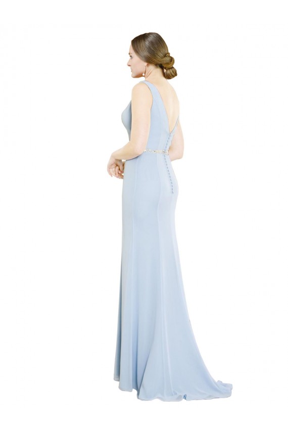 Bleu ciel clair Trapèze Col Bateau Col Haut Mousseline Longue Robes demoiselle d'honneur à Bas Prix