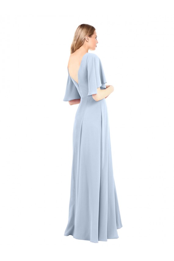 Bleu ciel clair Trapèze Col V Mousseline Longue Robes demoiselle d'honneur à Bas Prix