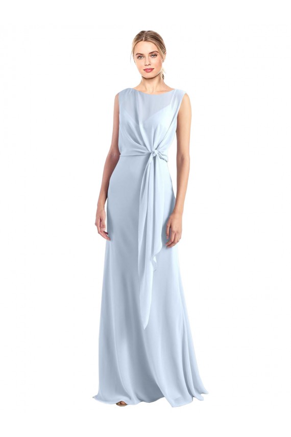 Bleu ciel clair Trapèze Col V Mousseline Longue Robes demoiselle d'honneur à Bas Prix