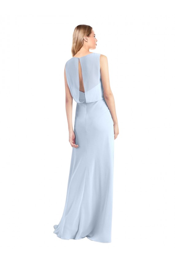 Bleu ciel clair Trapèze Col V Mousseline Longue Robes demoiselle d'honneur à Bas Prix
