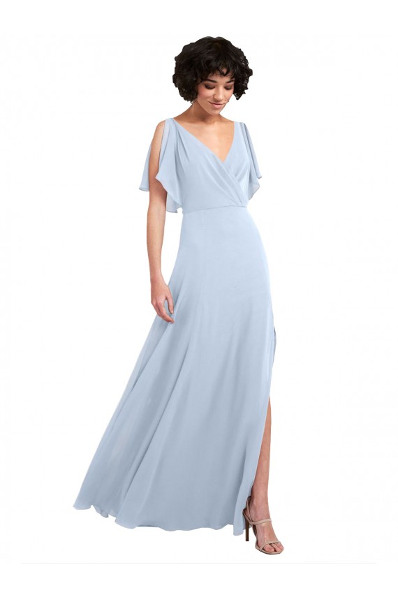 Bleu ciel clair Trapèze Col V Mousseline Longue Robes demoiselle d'honneur à Bas Prix
