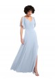 Bleu ciel clair Trapèze Col V Mousseline Longue Robes demoiselle d'honneur à Bas Prix