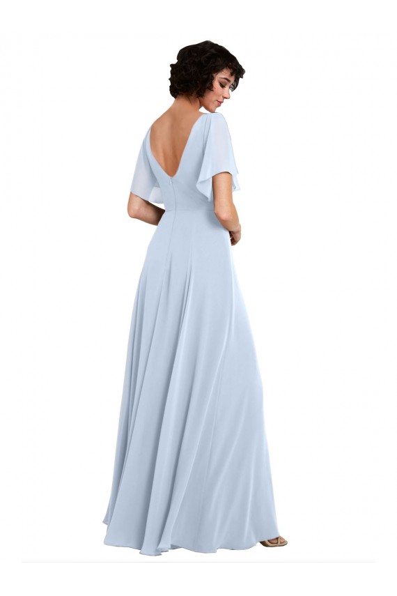 Bleu ciel clair Trapèze Col V Mousseline Longue Robes demoiselle d'honneur à Bas Prix