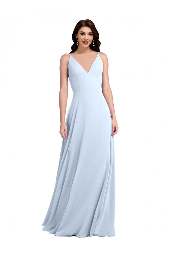 Bleu ciel clair Trapèze Col V Mousseline Longue Robes demoiselle d'honneur à Bas Prix
