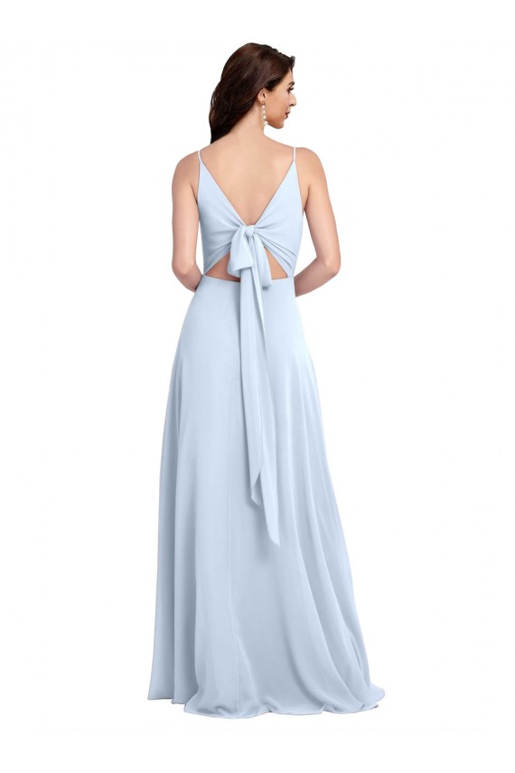 Bleu ciel clair Trapèze Col V Mousseline Longue Robes demoiselle d'honneur à Bas Prix