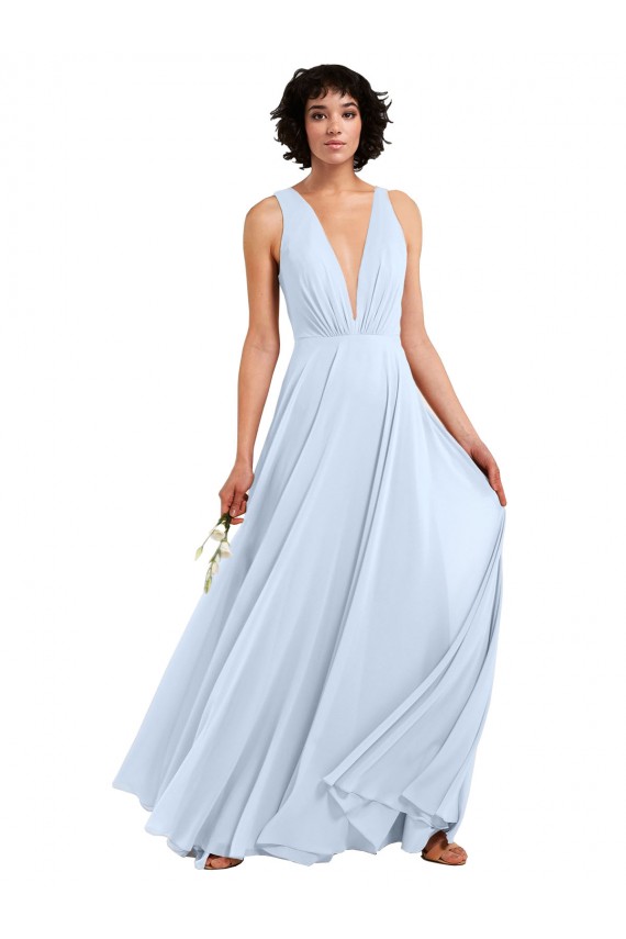 Bleu ciel clair Trapèze Col V Mousseline Longue Robes demoiselle d'honneur à Bas Prix