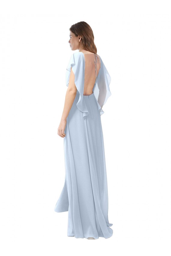 Bleu ciel clair Trapèze Col V Mousseline Longue Robes demoiselle d'honneur à Bas Prix