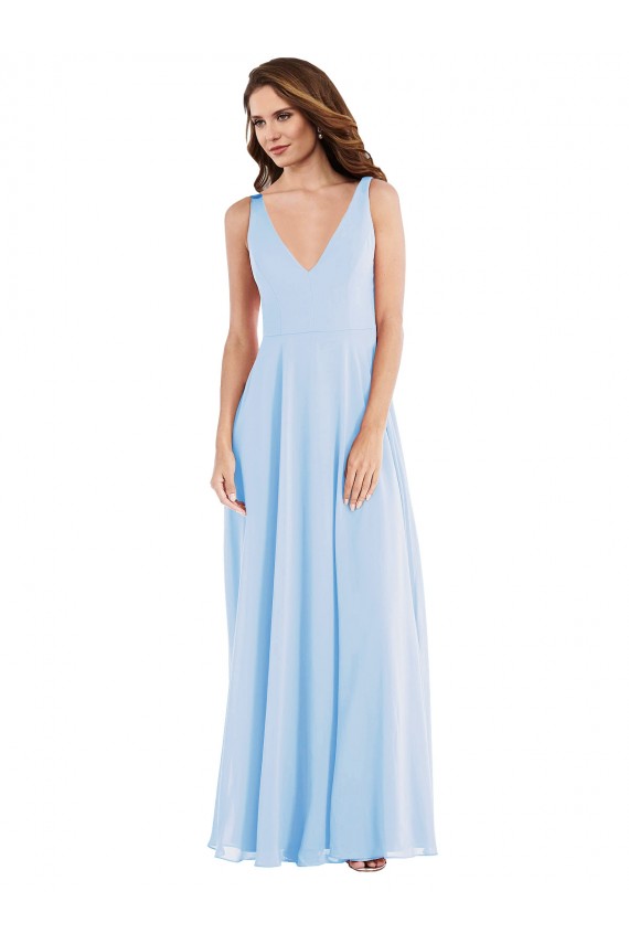 Bleu ciel clair Trapèze Col V Mousseline Longue Robes demoiselle d'honneur à Bas Prix