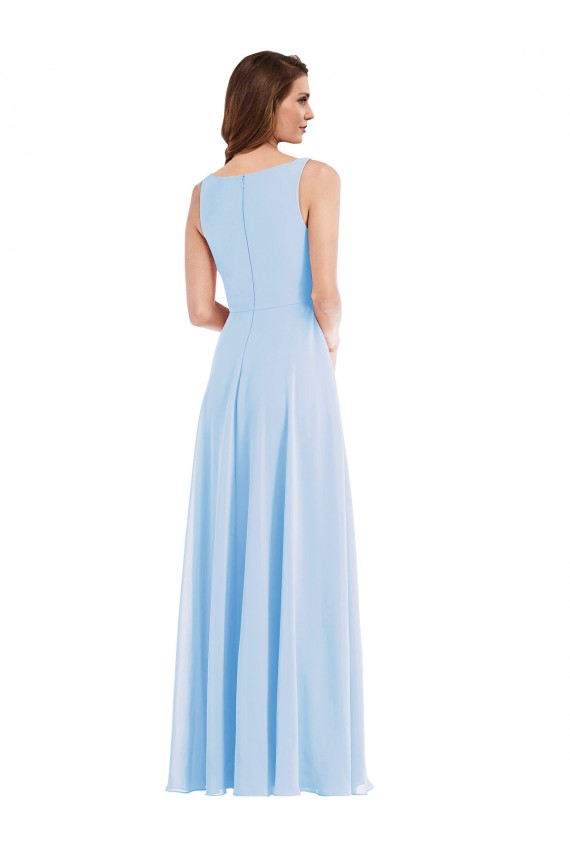 Bleu ciel clair Trapèze Col V Mousseline Longue Robes demoiselle d'honneur à Bas Prix