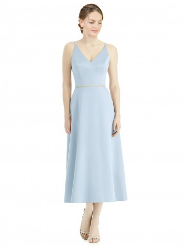 Bleu ciel clair Trapèze Col V Satiné Longue Robes demoiselle d'honneur à Bas Prix