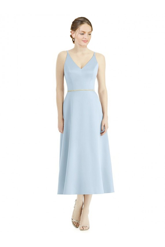 Bleu ciel clair Trapèze Col V Satiné Longue Robes demoiselle d'honneur à Bas Prix