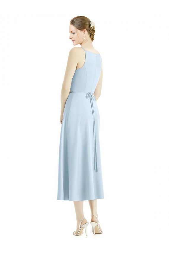 Bleu ciel clair Trapèze Col V Satiné Longue Robes demoiselle d'honneur à Bas Prix