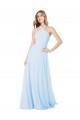 Bleu ciel clair Trapèze Licou Col Haut Mousseline Longue Robes demoiselle d'honneur à Bas Prix