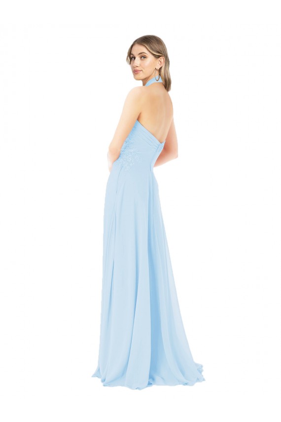 Bleu ciel clair Trapèze Licou Col Haut Mousseline Longue Robes demoiselle d'honneur à Bas Prix