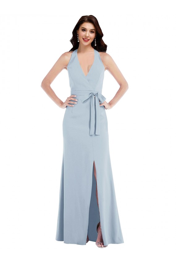 Bleu ciel clair Trapèze Licou Col V Crêpe Stretch Longue Formelles Robes demoiselle d'honneur / Robes de soirée / Robes de bal à Bas Prix