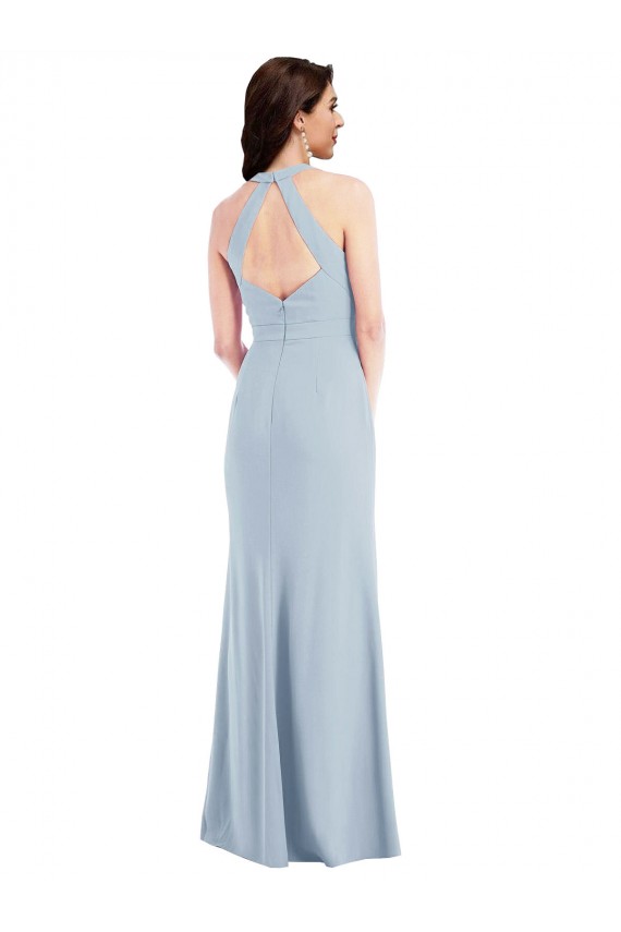 Bleu ciel clair Trapèze Licou Col V Crêpe Stretch Longue Formelles Robes demoiselle d'honneur / Robes de soirée / Robes de bal à Bas Prix