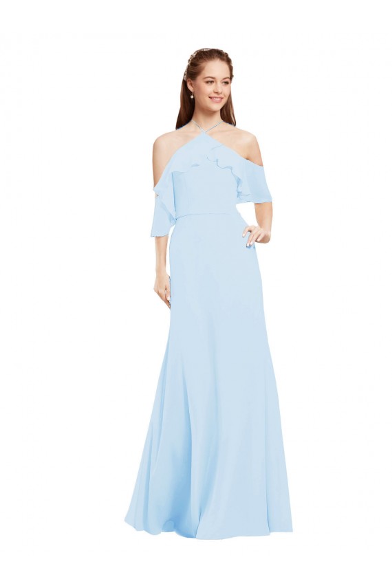 Bleu ciel clair Trapèze Licou Mousseline Longue Robes demoiselle d'honneur à Bas Prix