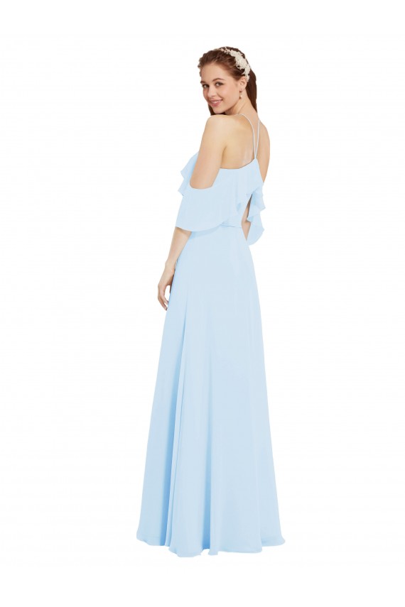 Bleu ciel clair Trapèze Licou Mousseline Longue Robes demoiselle d'honneur à Bas Prix