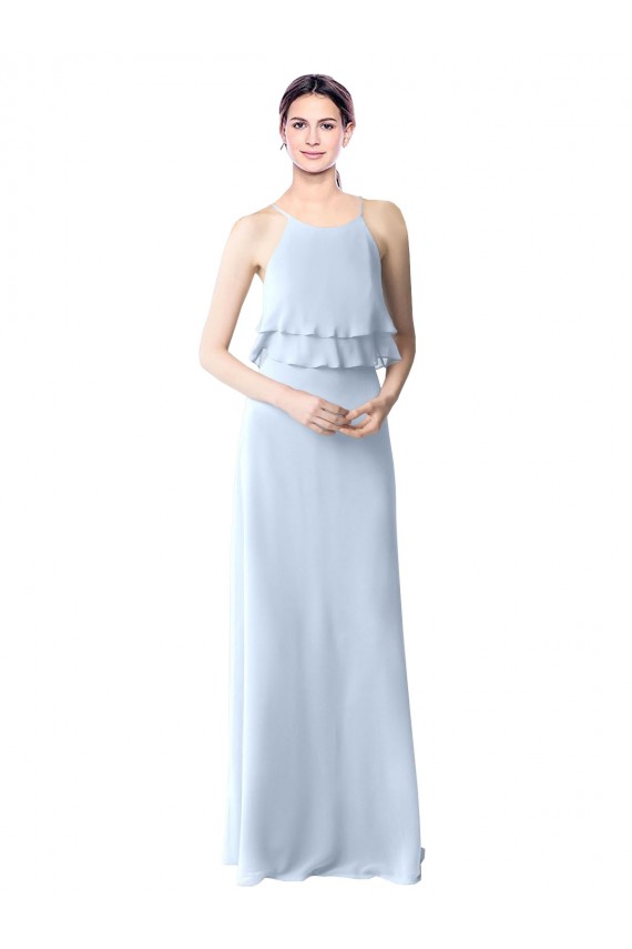 Bleu ciel clair Trapèze Licou Mousseline Longue Robes demoiselle d'honneur à Bas Prix