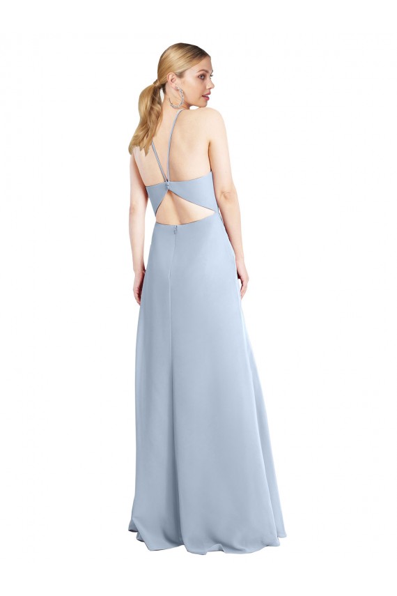 Bleu ciel clair Trapèze Licou Mousseline Longue Robes demoiselle d'honneur à Bas Prix