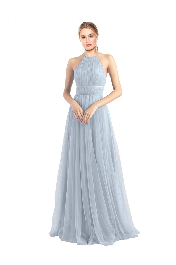 Bleu ciel clair Trapèze Licou Tulle Longue Robes demoiselle d'honneur à Bas Prix