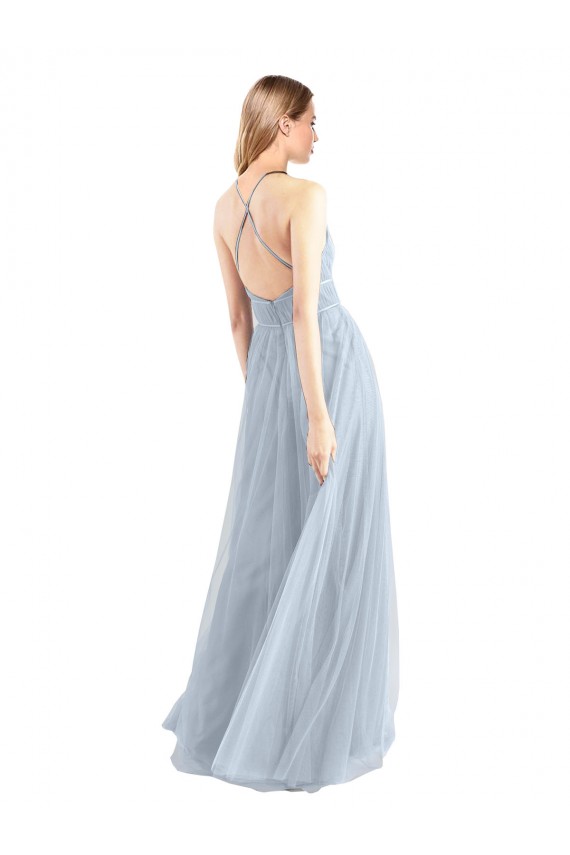 Bleu ciel clair Trapèze Licou Tulle Longue Robes demoiselle d'honneur à Bas Prix