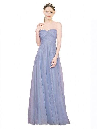 Bleu ciel clair Trapèze Sans bretelle Tulle Longue Robes demoiselle d'honneur à Bas Prix