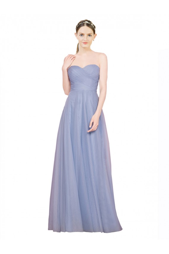 Bleu ciel clair Trapèze Sans bretelle Tulle Longue Robes demoiselle d'honneur à Bas Prix