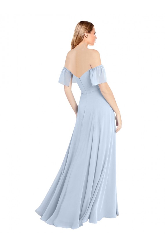 Bleu ciel clair Trapèze Épaule Dénudée Col Carré Mousseline Longue Robes demoiselle d'honneur à Bas Prix