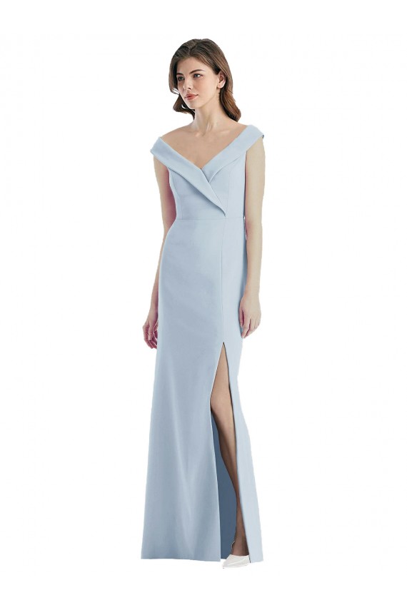 Bleu ciel clair Trapèze Épaule Dénudée Col V Crêpe Stretch Longue Robes demoiselle d'honneur à Bas Prix