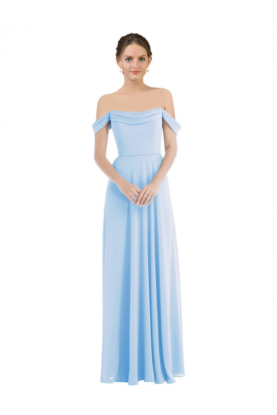 Bleu ciel clair Trapèze Épaule Dénudée Mousseline Longue Formelles Robes demoiselle d'honneur / Robes de soirée à Bas Prix