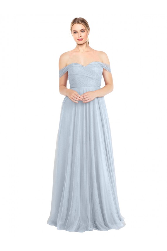 Bleu ciel clair Trapèze Épaule Dénudée Tulle Longue Robes demoiselle d'honneur à Bas Prix