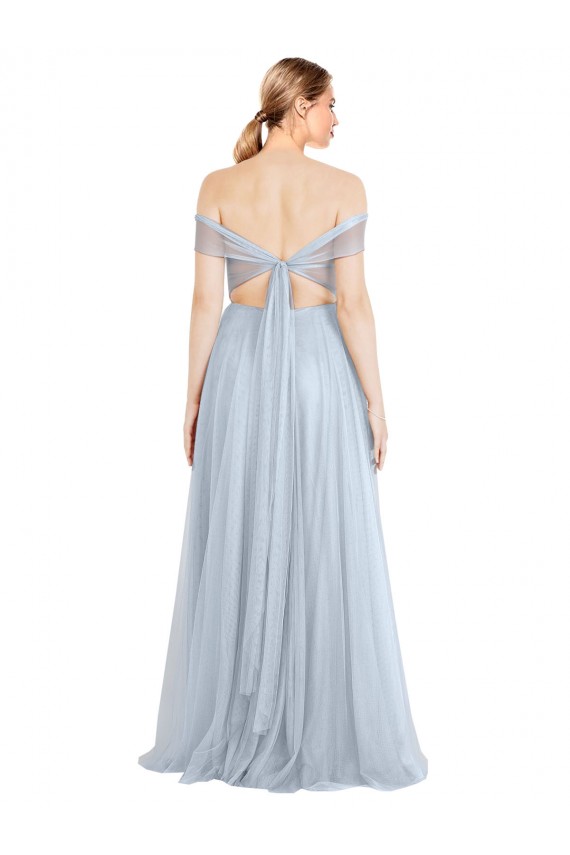 Bleu ciel clair Trapèze Épaule Dénudée Tulle Longue Robes demoiselle d'honneur à Bas Prix